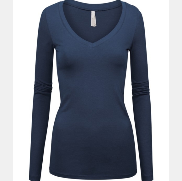 Navy blue long sleeve vneck solid lowcut shirt - Picture 2 of 2